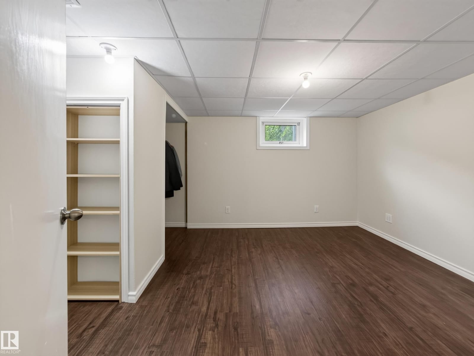 Lower level room with built-in shelving