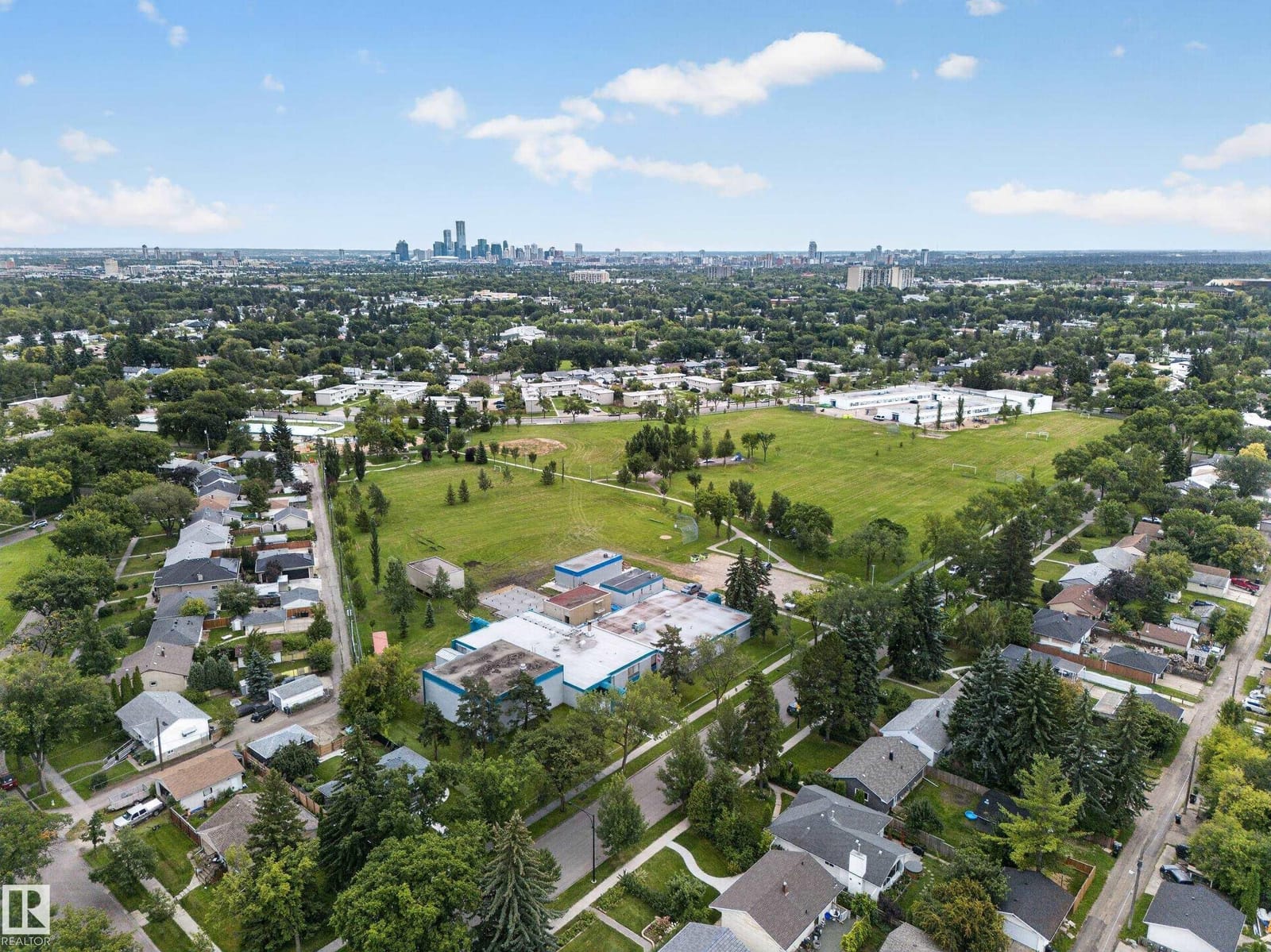 Aerial view with the Edmonton skyline beyond