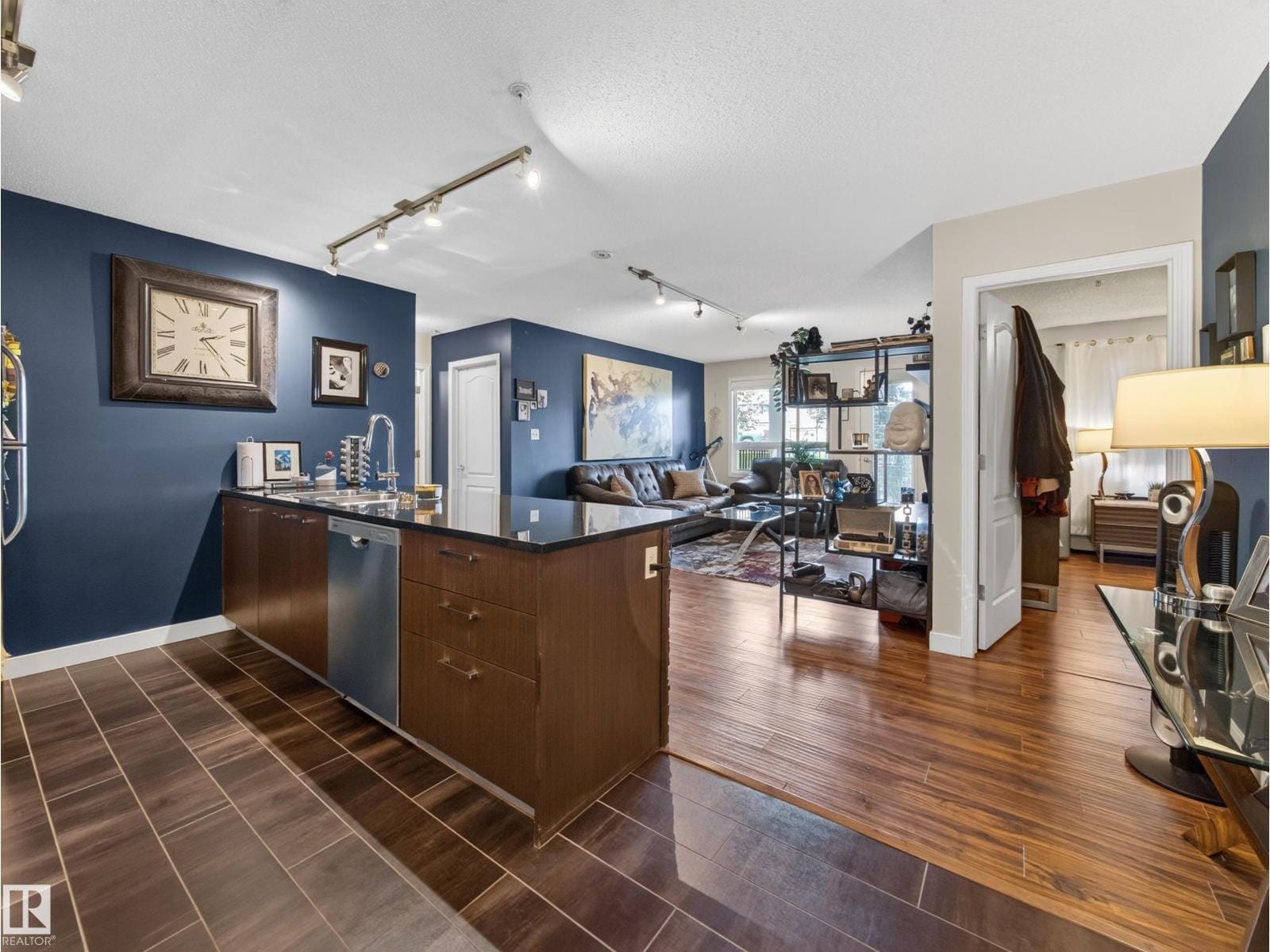 Kitchen island with the living area beyond