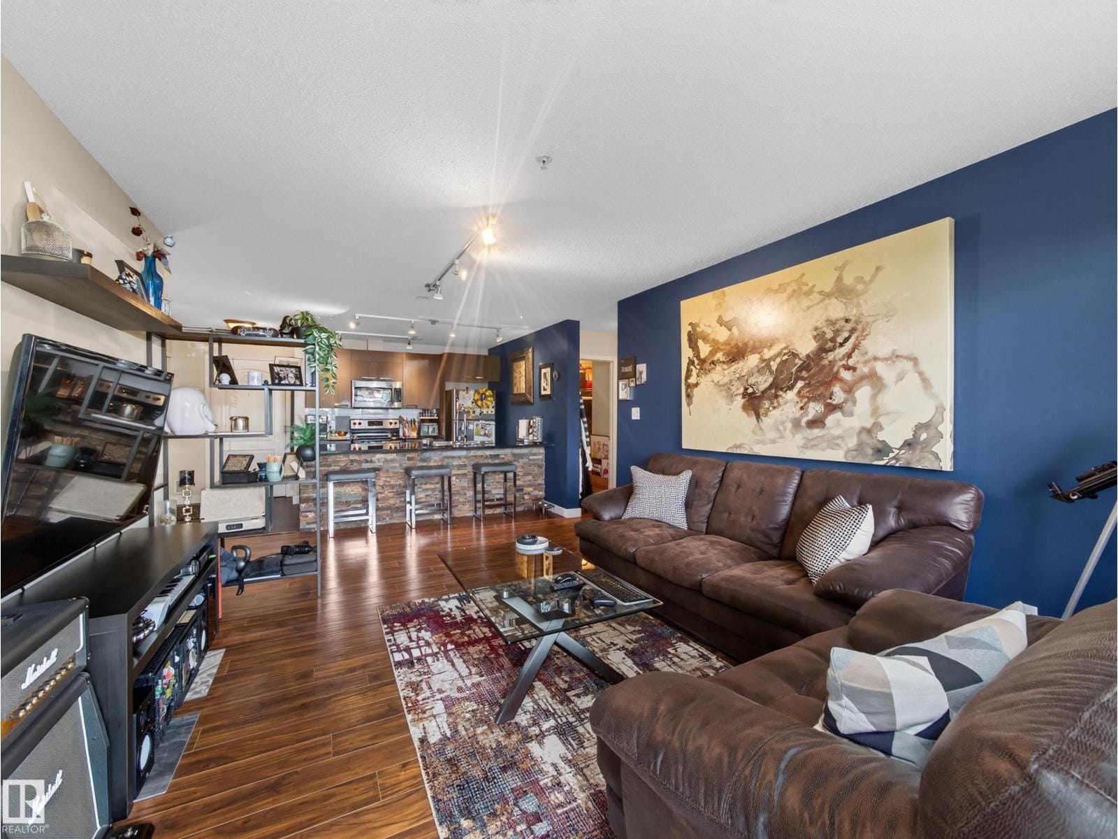 Living space and kitchen island, full width