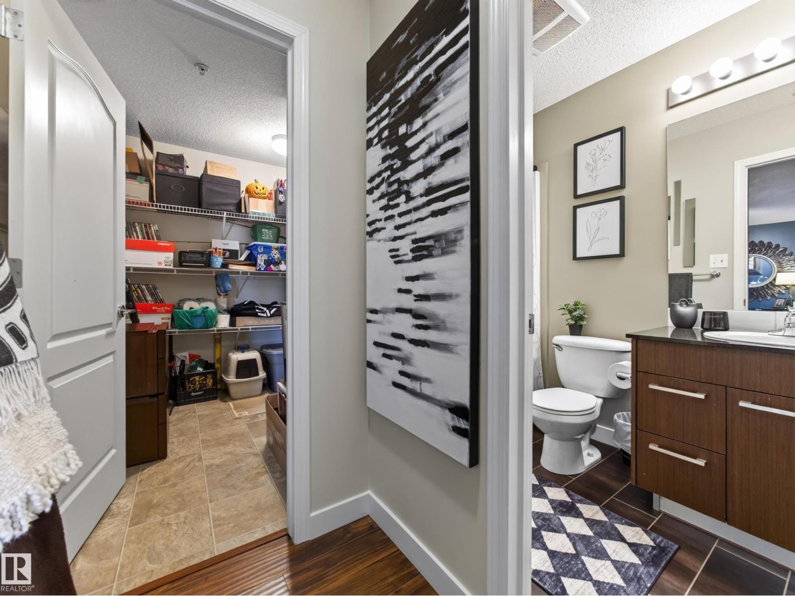 Storage room and full bathroom with dark wood vanity
