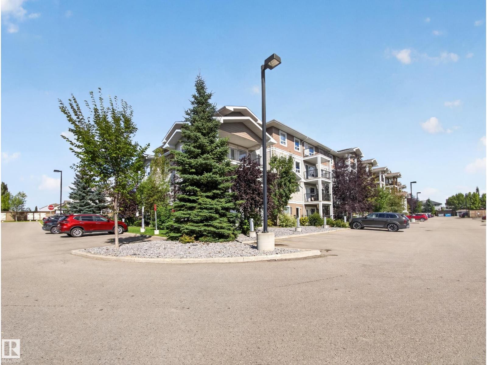 Building exterior with landscaped island