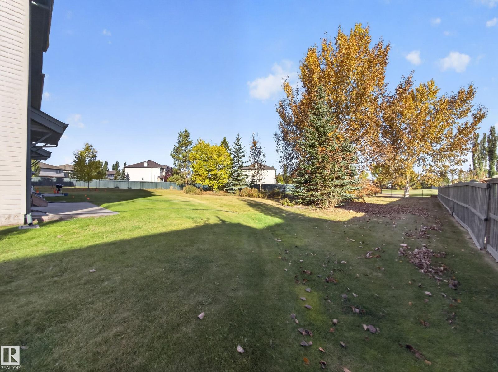 Side lawn with fall colour along the fence