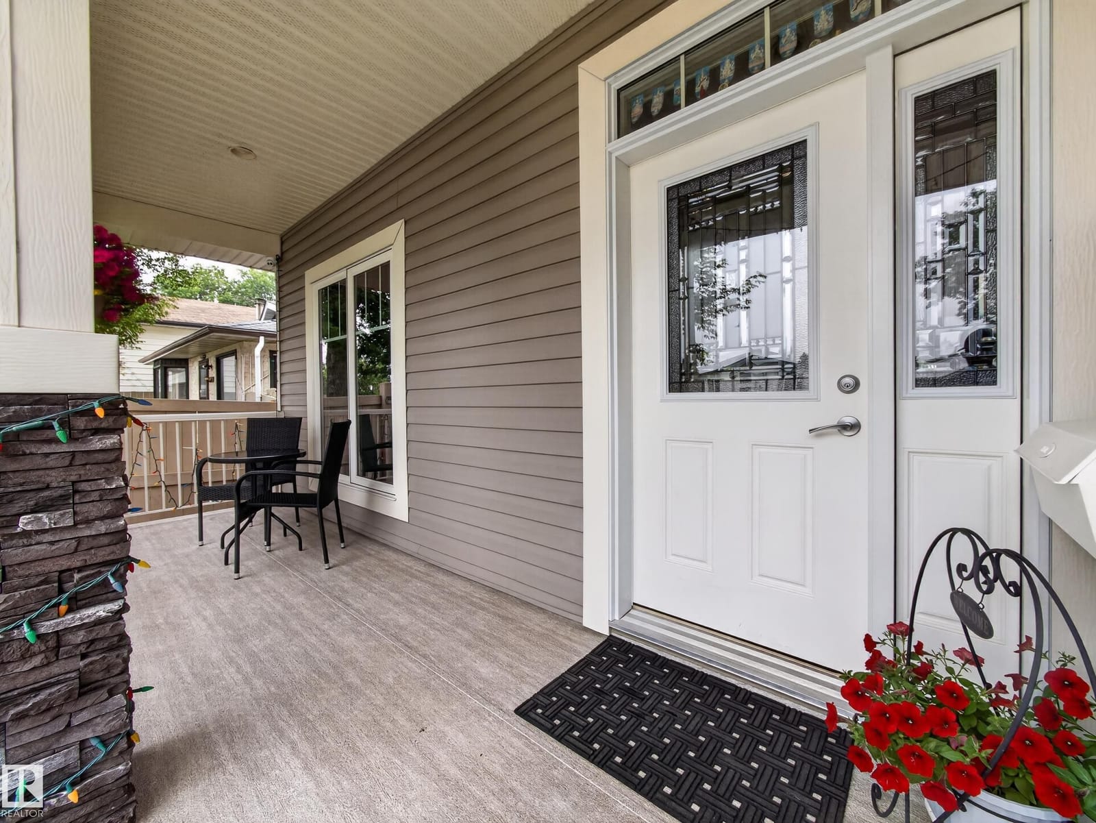 Double front doors with decorative leaded glass